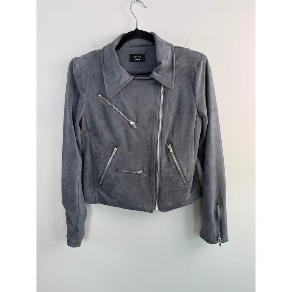 VICI Faux Suede Moto Jacket Gray Asymmetrical Zip Pockets Women's Medium